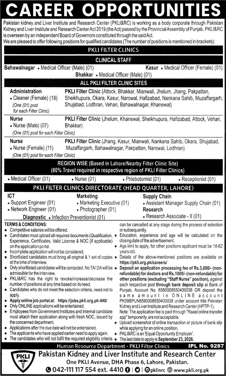 Pakistan Kidney and Liver Institute and Research Center (PKLI&RC) Jobs Jobs 2026 — original newspaper advertisement