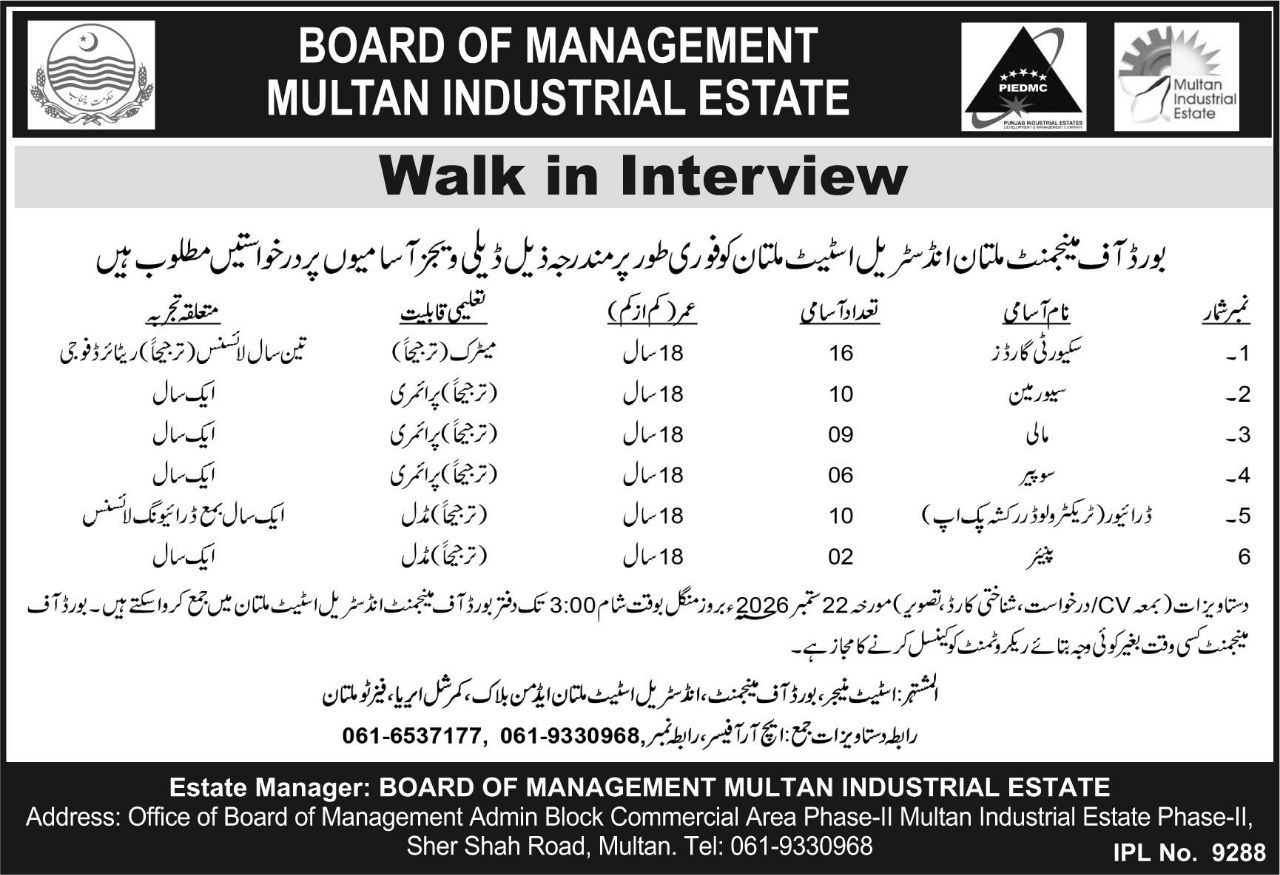 Board of Management Multan Industrial Estate Jobs – Board of Management Multan Industrial Estate (PIEDMC) Jobs 2026 — original newspaper advertisement