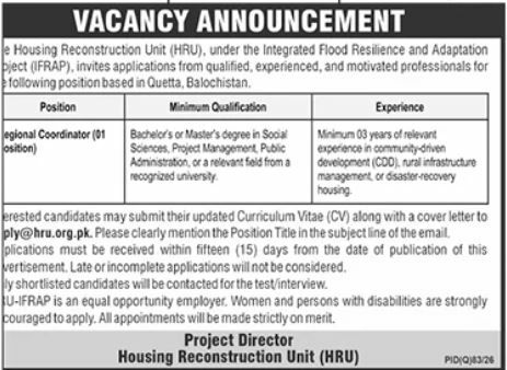 Housing Reconstruction Unit (HRU), under the Integrated Flood Resilience and Adaptation Project (IFRAP) Jobs Jobs 2026 — original newspaper advertisement