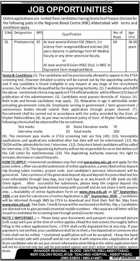 Regional Blood Centre (RBC) Abbottabad Jobs Jobs 2026 — original newspaper advertisement