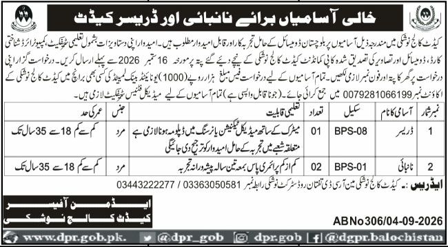 Cadet College Noshki, Balochistan Jobs 2026 Jobs 2026 — original newspaper advertisement