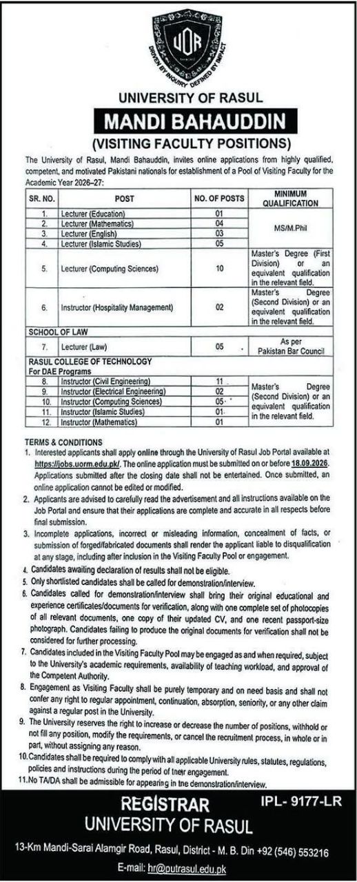 University of Rasul, Mandi Bahauddin Jobs Jobs 2026 — original newspaper advertisement