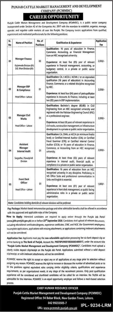 Punjab Cattle Market Management and Development Company (PCMMDC) Jobs Jobs 2026 — original newspaper advertisement