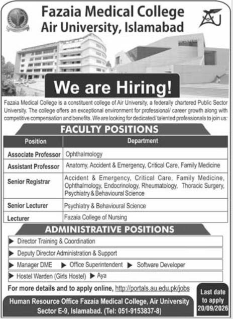 Fazaia Medical College, Air University, Islamabad Jobs Jobs 2026 — original newspaper advertisement