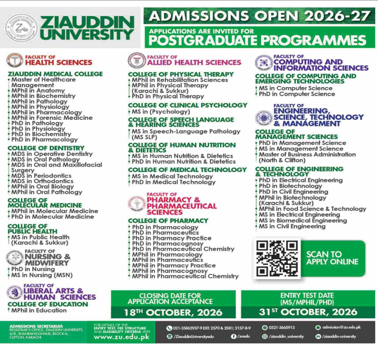 Admissions Open 2026-27 – Postgraduate Programmes – Ziauddin University Admissions 2026 — original newspaper advertisement