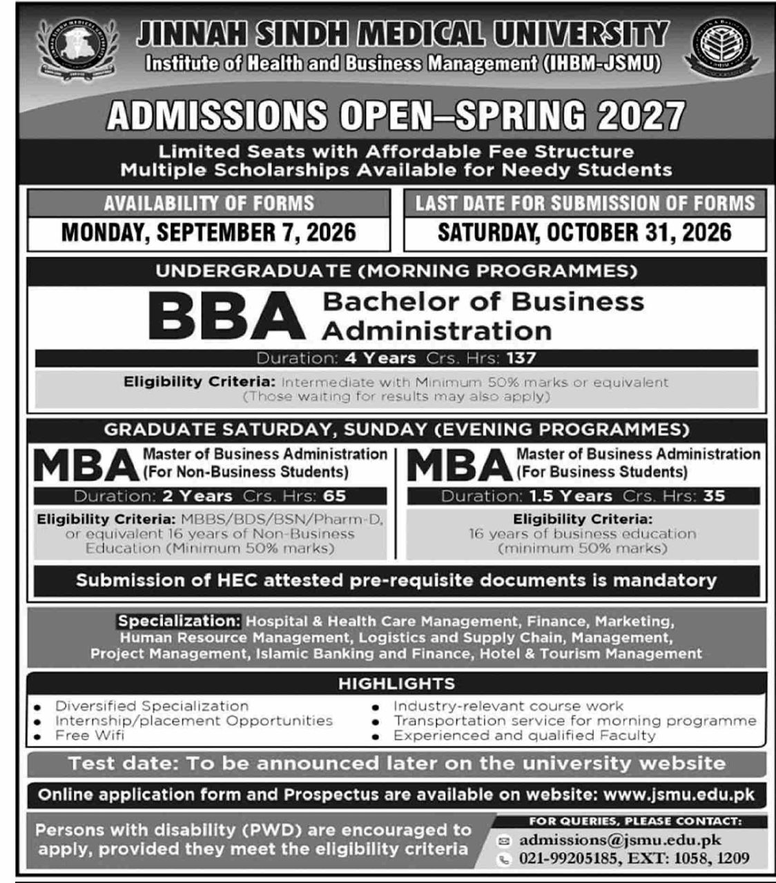 Admissions Open Jinnah Sindh Medical University – Institute of Health and Business Management (IHBM-JSMU) Spring 2027 Admissions 2026 — original newspaper advertisement