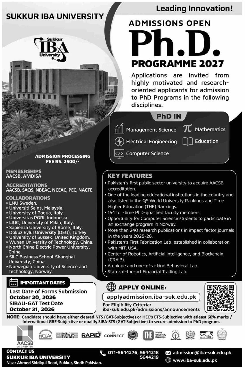 Admissions Open Sukkur IBA University PhD Programme 2027 Admissions 2026 — original newspaper advertisement