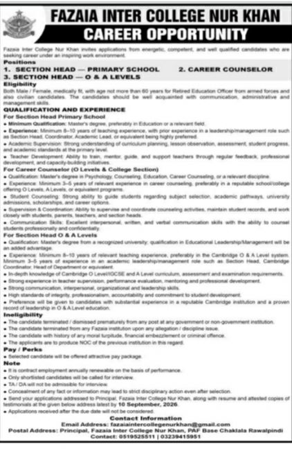Fazaia Inter College Nur Khan Jobs 2026 Jobs 2026 — original newspaper advertisement