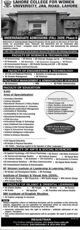 Undergraduate Admissions (Fall 2026) Phase II – Lahore College for Women University, Jail Road, Lahore Admissions 2026 — original newspaper advertisement