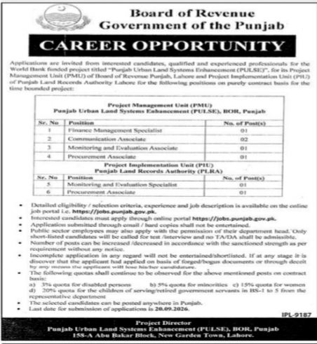 Board of Revenue, Government of the Punjab / Punjab Land Records Authority (PLRA) Jobs Jobs 2026 — original newspaper advertisement