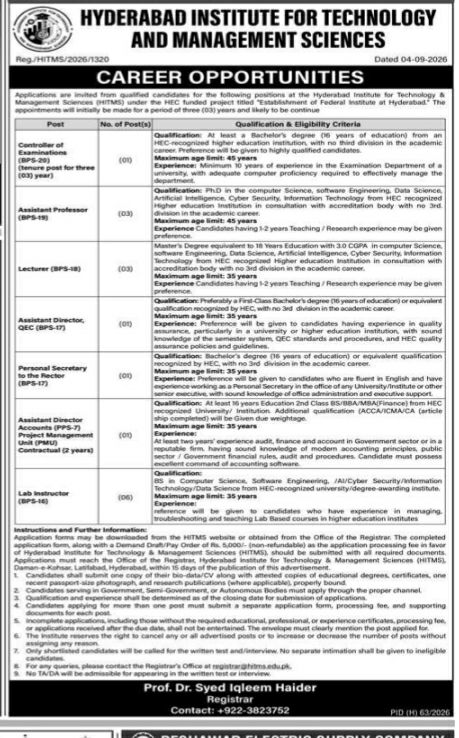 Hyderabad Institute for Technology and Management Sciences (HITMS) Jobs Jobs 2026 — original newspaper advertisement
