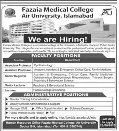 Fazaia Medical College, Air University, Islamabad Jobs Jobs 2026 — original newspaper advertisement