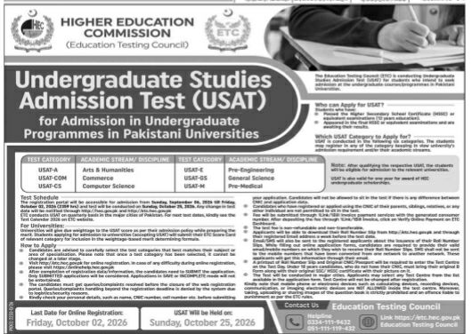 Undergraduate Studies Admission Test (USAT) for Admission in Undergraduate Programmes in Pakistani Universities – Higher Education Commission (HEC) - Education Testing Council (ETC) Admissions 2026 — original newspaper advertisement