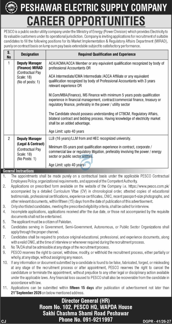 Peshawar Electric Supply Company (PESCO) Jobs 2026 Jobs 2026 — original newspaper advertisement