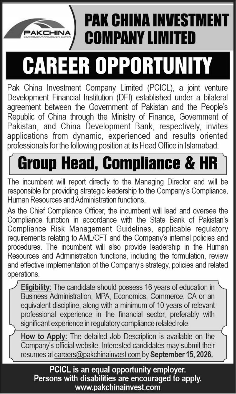 Pak China Investment Company Limited (PCICL) Jobs 2026 Jobs 2026 — original newspaper advertisement