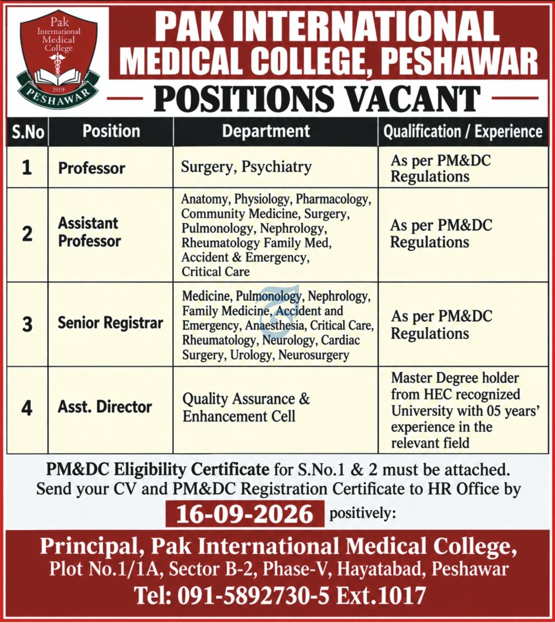 Pak International Medical College, Peshawar Jobs Jobs 2026 — original newspaper advertisement