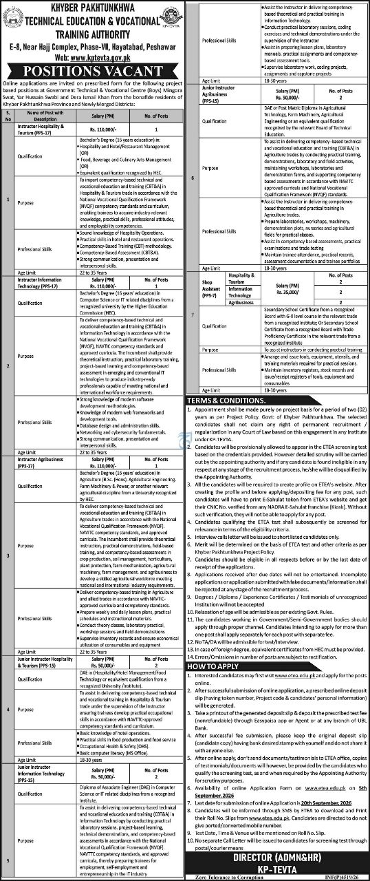 Khyber Pakhtunkhwa Technical Education & Vocational Training Authority (KP-TEVTA) Jobs Jobs 2026 — original newspaper advertisement