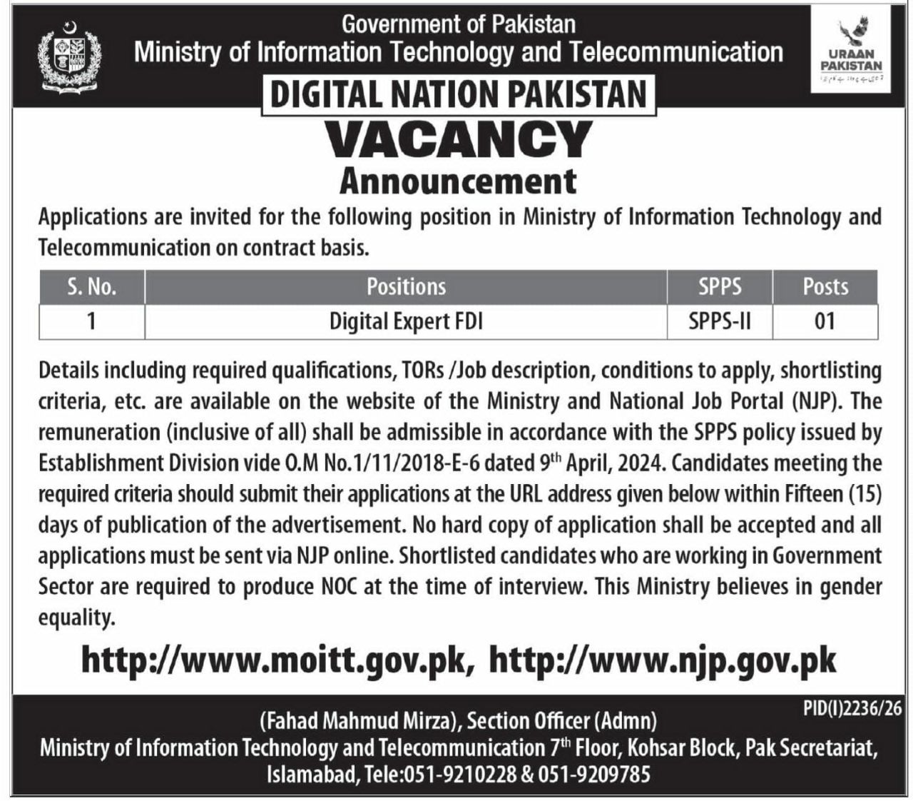 Ministry of Information Technology and Telecommunication Jobs 2026 – Government of Pakistan, Ministry of Information Technology and Telecommunication Jobs 2026 — original newspaper advertisement