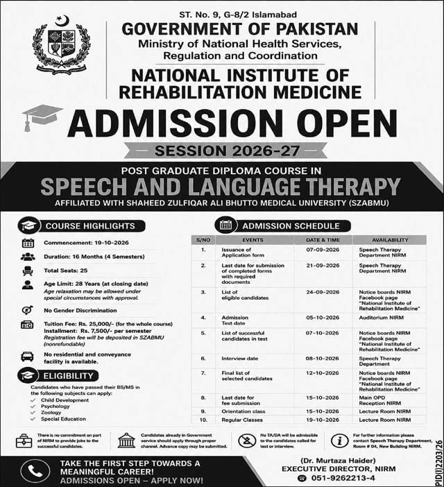 Admission Open Session 2026-27 – Post Graduate Diploma Course in Speech and Language Therapy – National Institute of Rehabilitation Medicine (NIRM), Ministry of National Health Services, Regulation and Coordination, Government of Pakistan Admissions 2026 — original newspaper advertisement