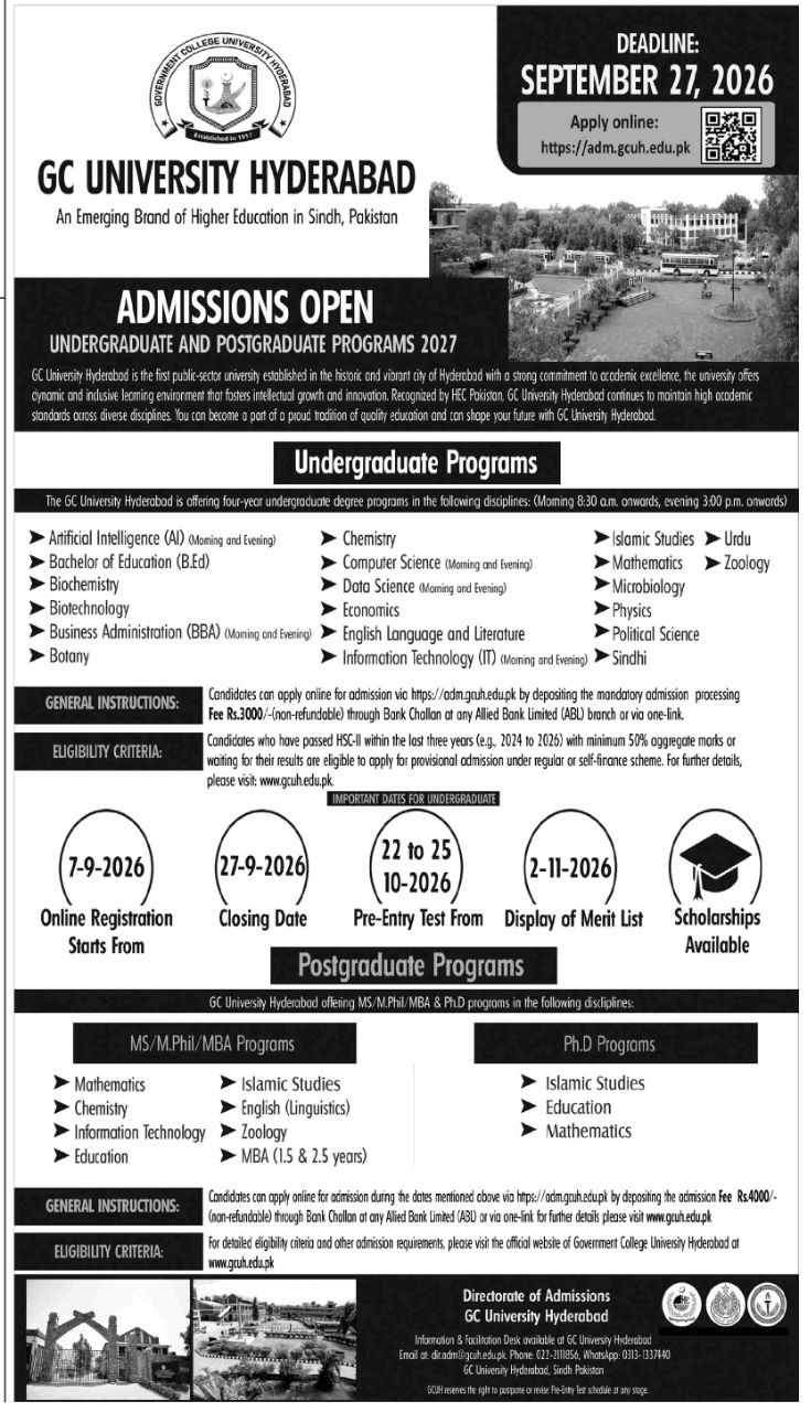 Admissions Open - Undergraduate and Postgraduate Programs 2027 – GC University Hyderabad Admissions 2026 — original newspaper advertisement