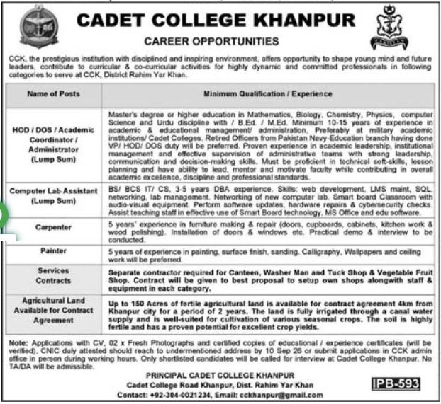 Cadet College Khanpur Jobs 2026 Jobs 2026 — original newspaper advertisement
