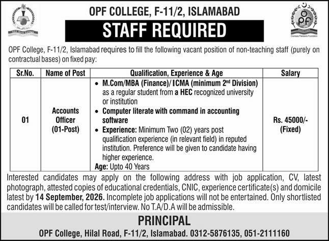 OPF College, F-11/2, Islamabad Jobs 2026 Jobs 2026 — original newspaper advertisement