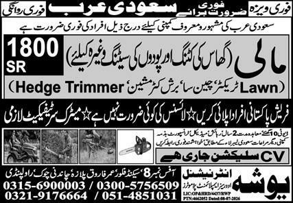 Urgent Requirement for Saudi Arabia - Mali (Gardener) – Yousha International (Recruiting Agency) Jobs 2026 — original newspaper advertisement