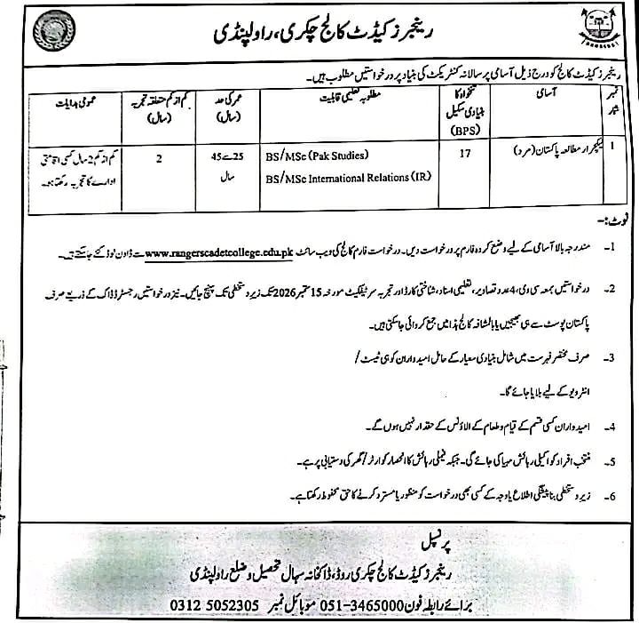 Rangers Cadet College Chakri, Rawalpindi Jobs 2026 Jobs 2026 — original newspaper advertisement