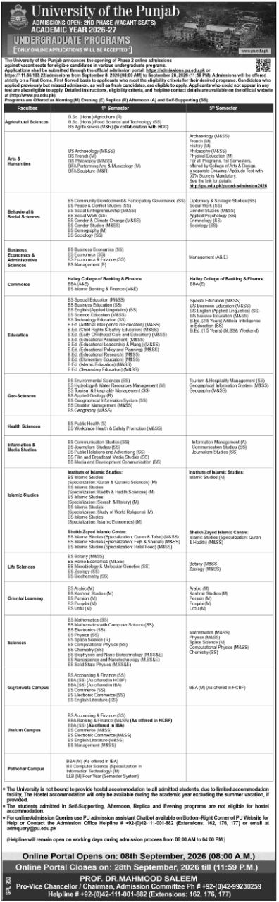 Admissions Open: 2nd Phase (Vacant Seats) Academic Year 2026-27 - Undergraduate Programs – University of the Punjab Admissions 2026 — original newspaper advertisement