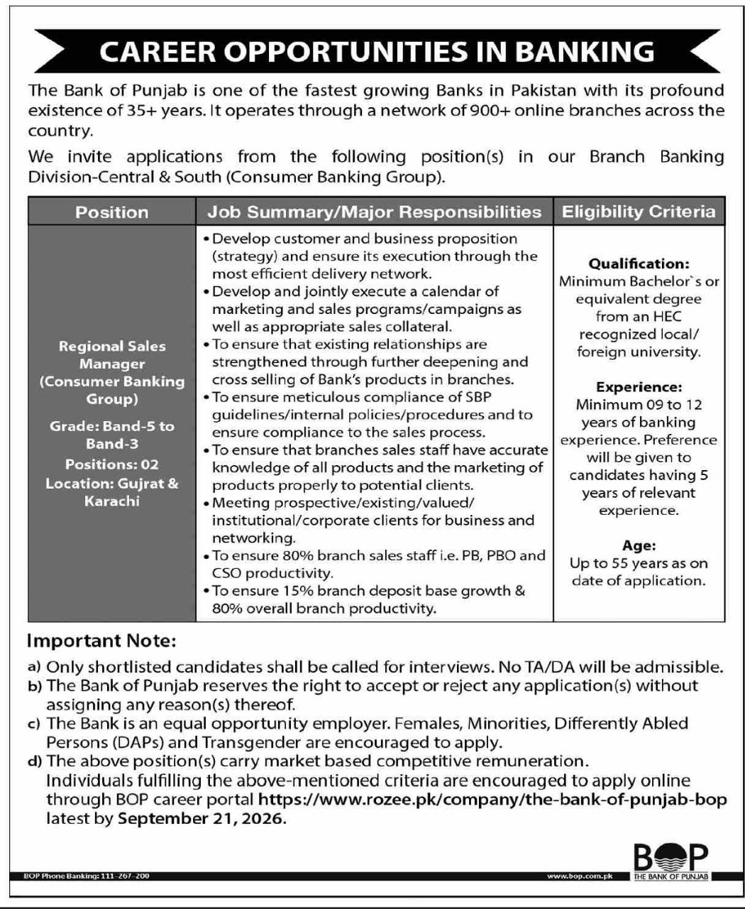The Bank of Punjab (BOP) Jobs 2026 Jobs 2026 — original newspaper advertisement