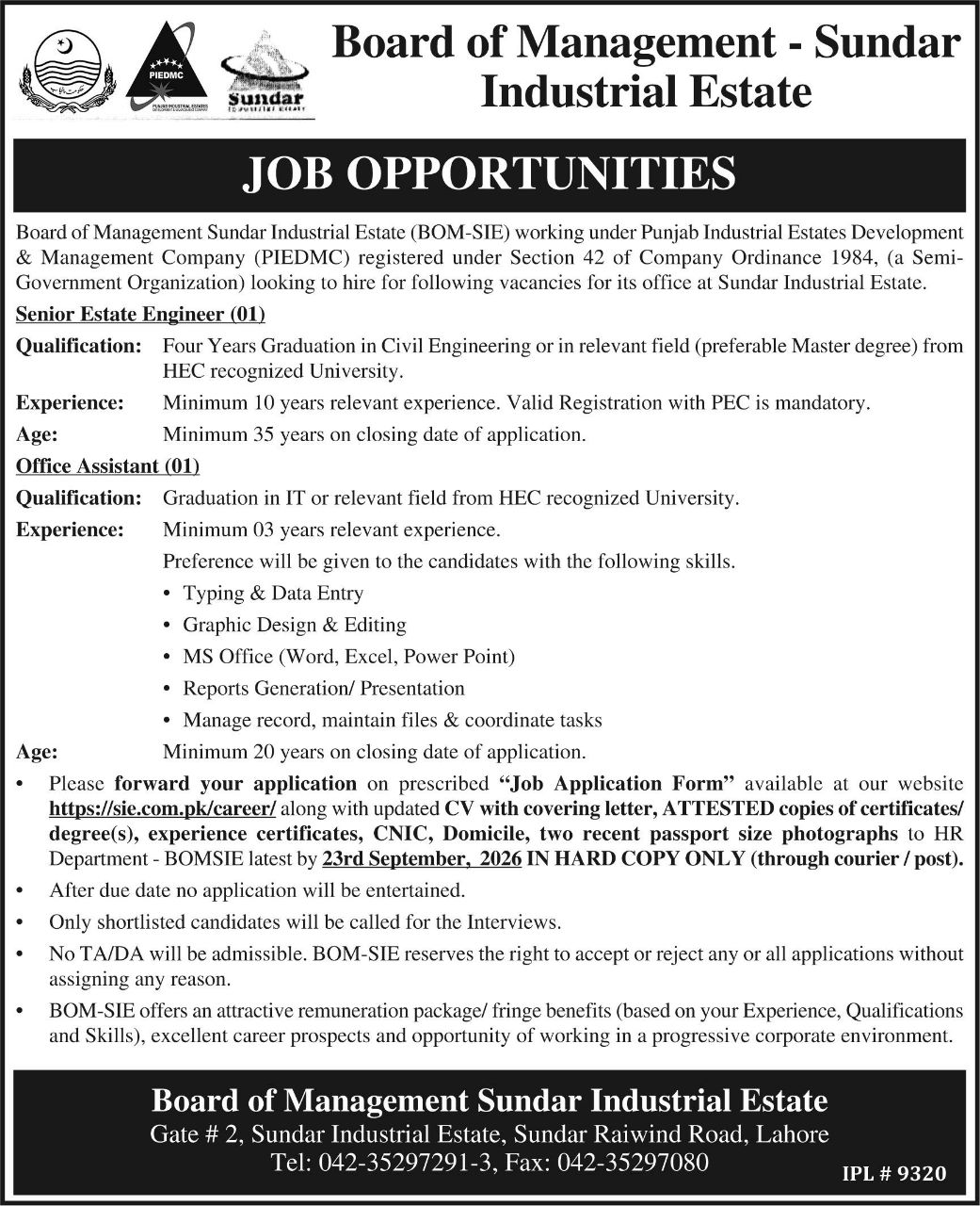 Board of Management Sundar Industrial Estate (BOM-SIE) / Punjab Industrial Estates Development & Management Company (PIEDMC) Jobs 2026 Jobs 2026 — original newspaper advertisement