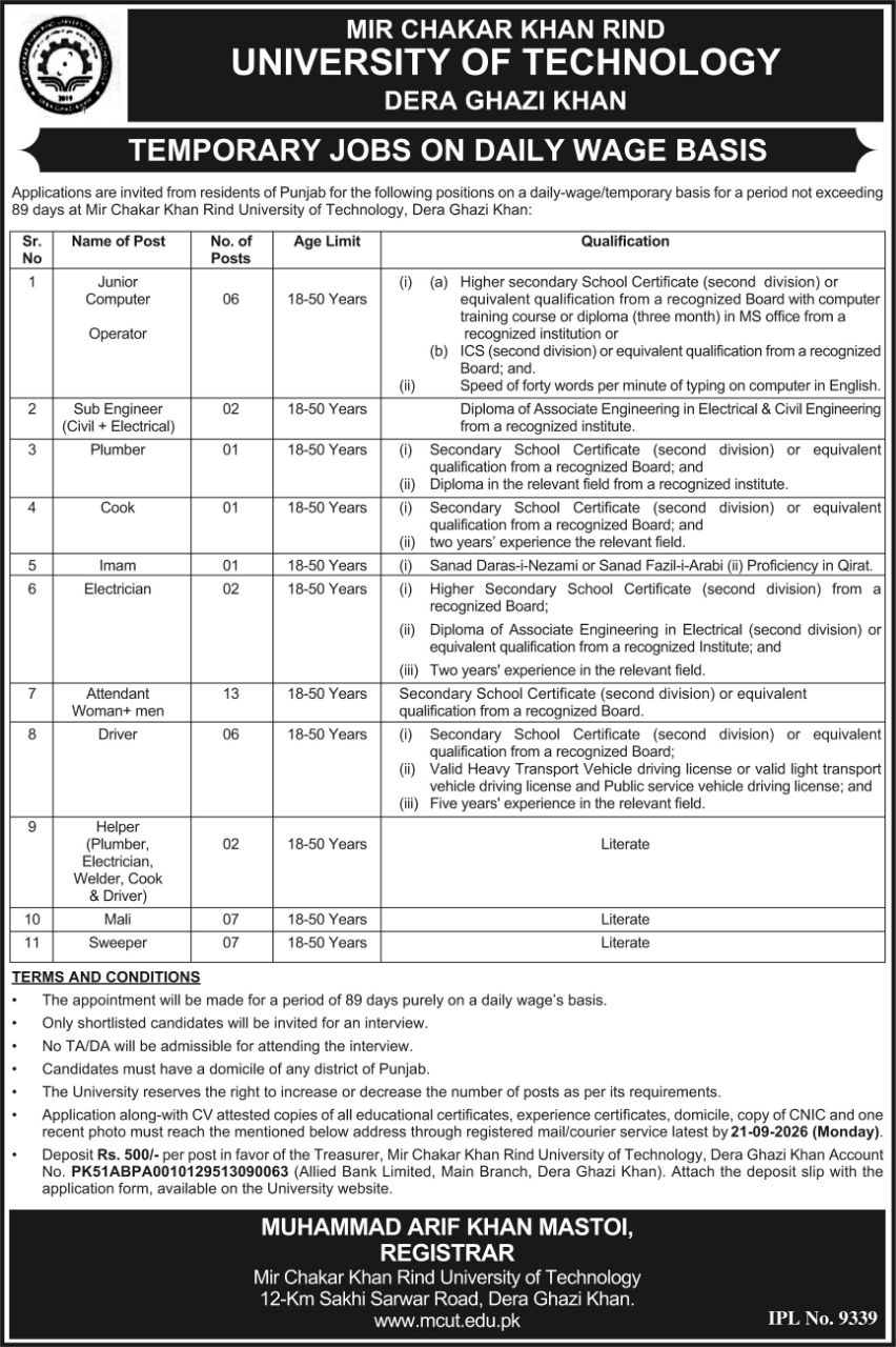 Mir Chakar Khan Rind University of Technology, Dera Ghazi Khan Jobs 2026 Jobs 2026 — original newspaper advertisement
