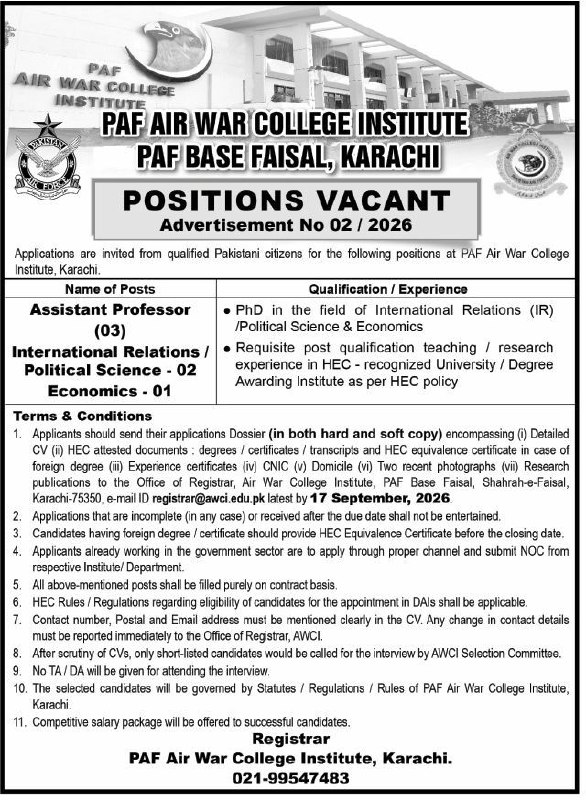 PAF Air War College Institute, PAF Base Faisal, Kar Jobs 2026 – PAF Air War College Institute, PAF Base Faisal, Karachi Jobs 2026 — original newspaper advertisement