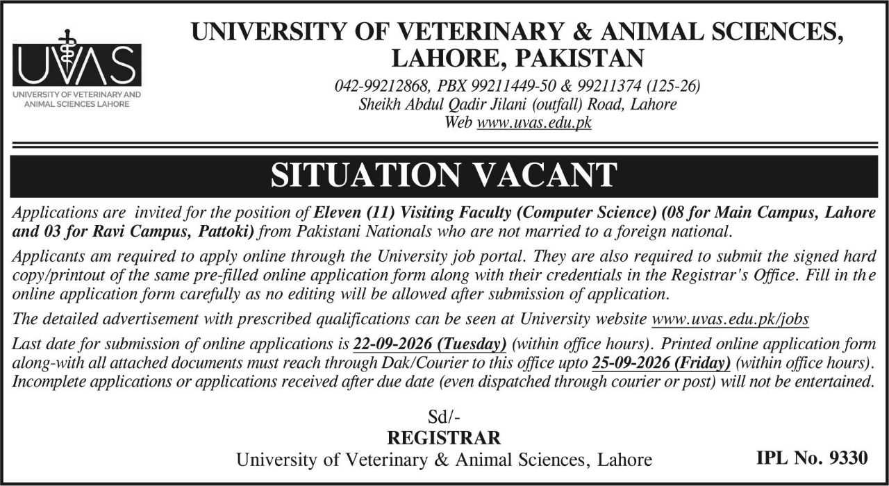 University of Veterinary & Animal Sciences, Lahore Jobs 2026 Jobs 2026 — original newspaper advertisement
