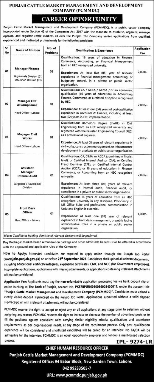 Punjab Cattle Market Management and Development Company (PCMMDC) Jobs 2026 Jobs 2026 — original newspaper advertisement