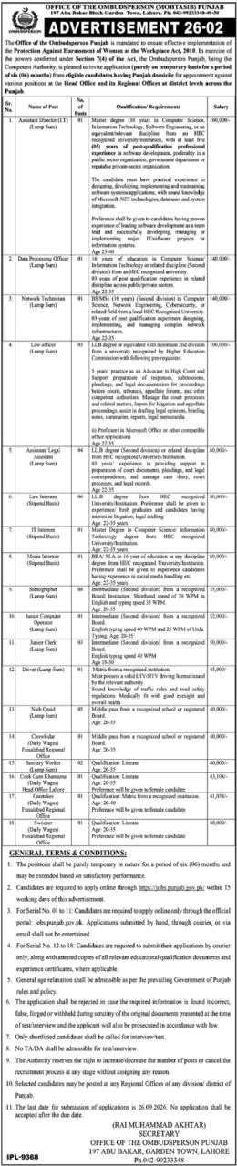 Office of the Ombudsperson (Mohtasib) Punjab Jobs 2026 Scholarships 2026 — original newspaper advertisement