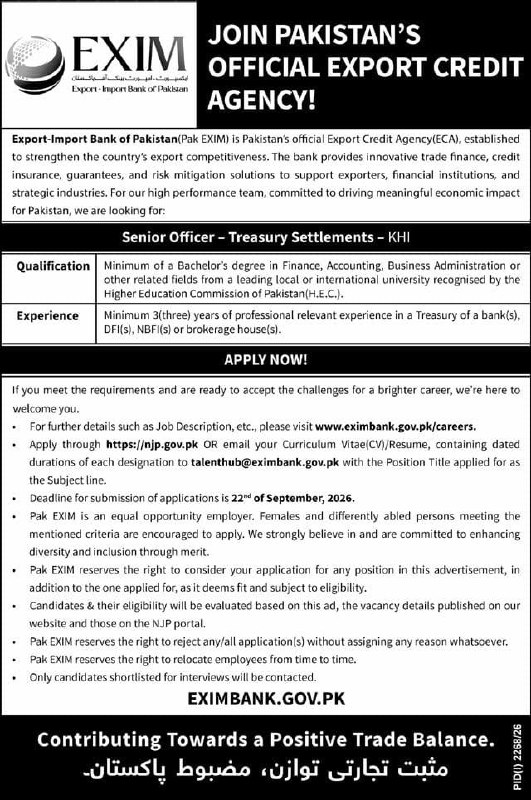 Export-Import Bank of Pakistan (Pak EXIM) Jobs 2026 Jobs 2026 — original newspaper advertisement