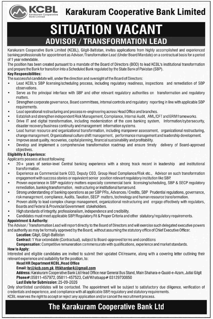 Karakuram Cooperative Bank Limited (KCBL) Jobs 2026 Jobs 2026 — original newspaper advertisement
