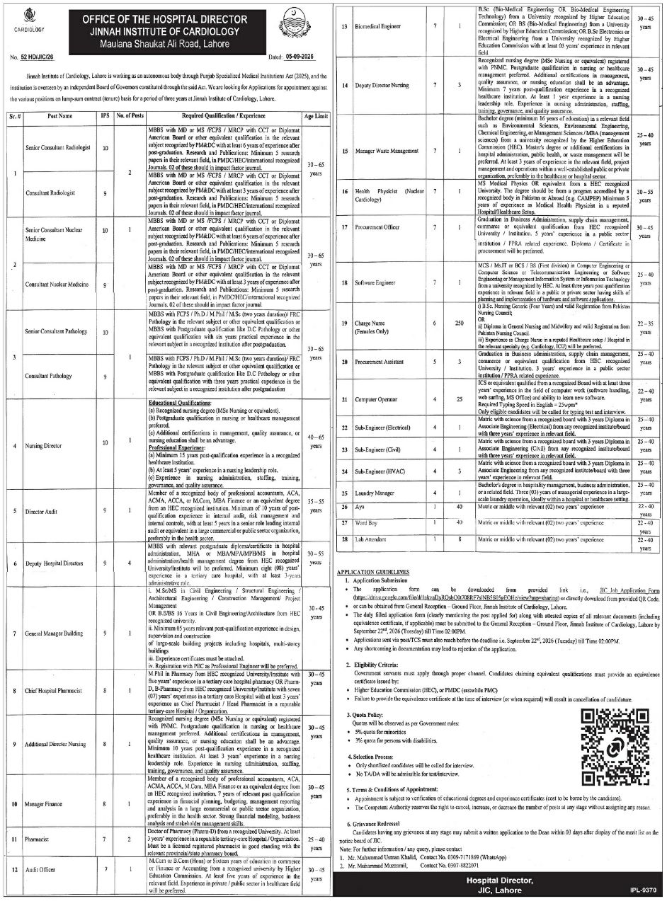 Jinnah Institute of Cardiology Jobs 2026 – Office of the Hospital Director, Jinnah Institute of Cardiology, Maulana Shaukat Ali Road, Lahore Jobs 2026 — original newspaper advertisement