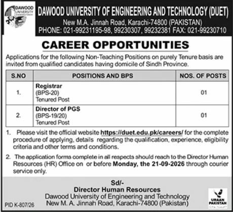 Dawood University of Engineering and Technology (DUET) Jobs Jobs 2026 — original newspaper advertisement