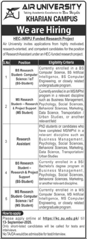 Air University, Kharian Campus Jobs 2026 Jobs 2026 — original newspaper advertisement