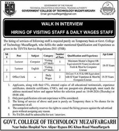 Government College of Technology Muzaffargarh (Technical Education & Vocational Training Authority - TEVTA) Jobs 2026 Jobs 2026 — original newspaper advertisement