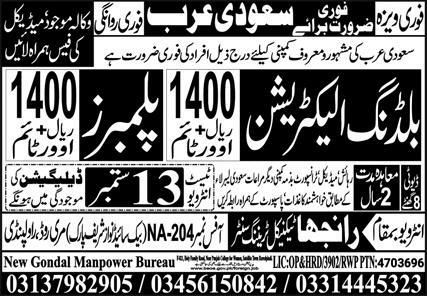 Building Electrician And Plumbers Jobs in Saudi Arabia – New Gondal Manpower Bureau Jobs 2026 — original newspaper advertisement
