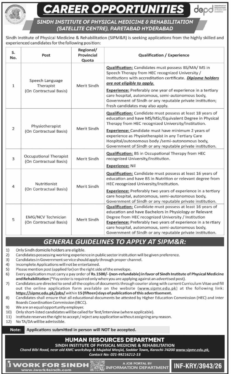 Sindh Institute of Physical Medicine & Rehabilitation (SIPM&R), Satellite Centre Jobs 2026 – Sindh Institute of Physical Medicine & Rehabilitation (SIPM&R), Satellite Centre, Paretabad Hyderabad Jobs 2026 — original newspaper advertisement