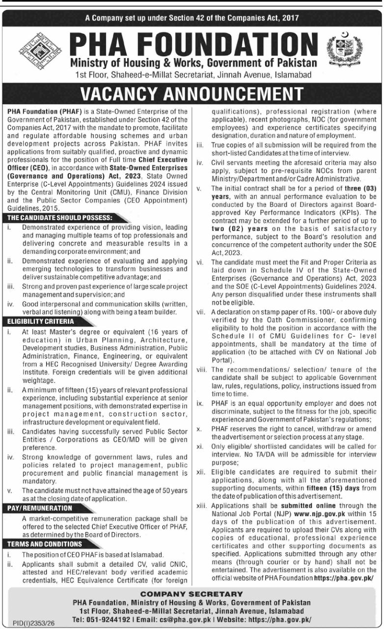PHA Foundation (PHAF), Ministry of Housing & Works Jobs 2026 – PHA Foundation (PHAF), Ministry of Housing & Works, Government of Pakistan Jobs 2026 — original newspaper advertisement