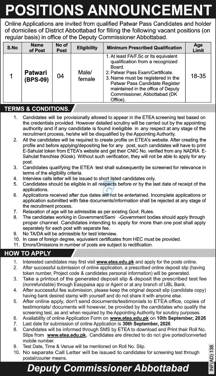 Office of the Deputy Commissioner Abbottabad Jobs 2026 Jobs 2026 — original newspaper advertisement