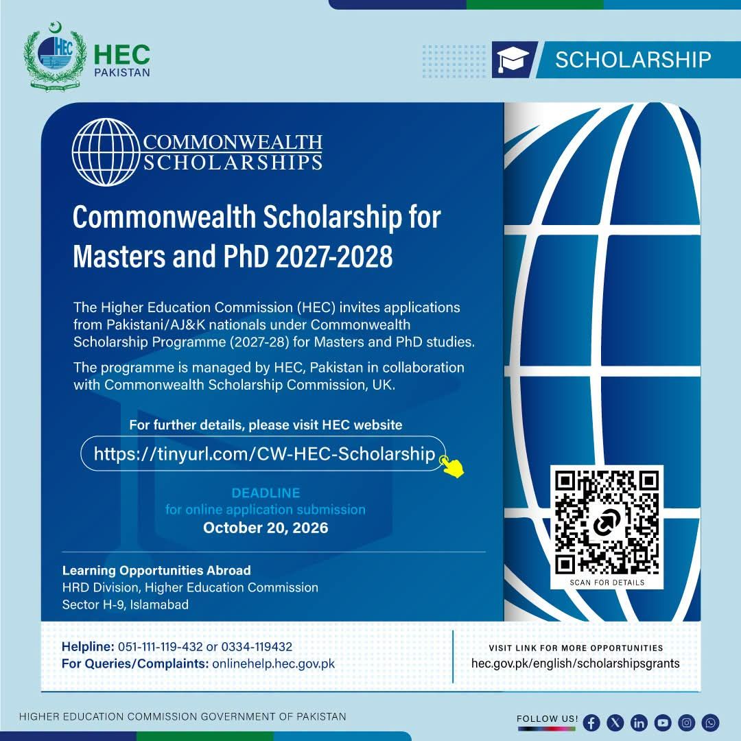 Commonwealth Scholarship for Masters and PhD 2027-2028 – Higher Education Commission (HEC), Pakistan Scholarships 2026 — original newspaper advertisement