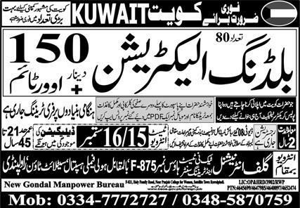 Urgent Recruitment for Kuwait - Building Electricians – New Gondal Manpower Bureau Jobs 2026 — original newspaper advertisement