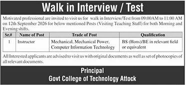 Walk in Interview / Test Govt College of Technology Attock Jobs 2026 — original newspaper advertisement