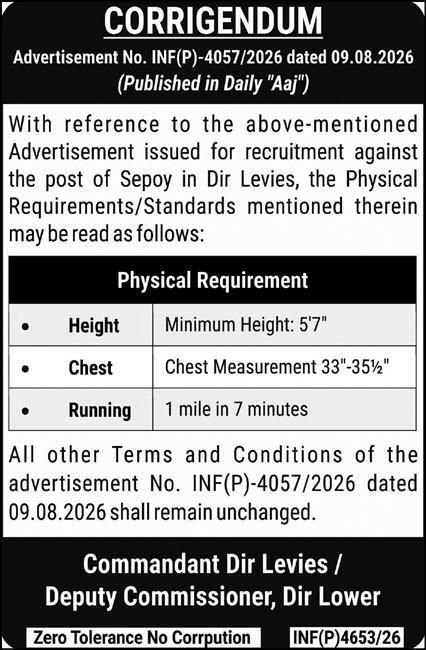 Corrigendum - Recruitment for Sepoy in Dir Levies – Commandant Dir Levies / Deputy Commissioner, Dir Lower Jobs 2026 — original newspaper advertisement